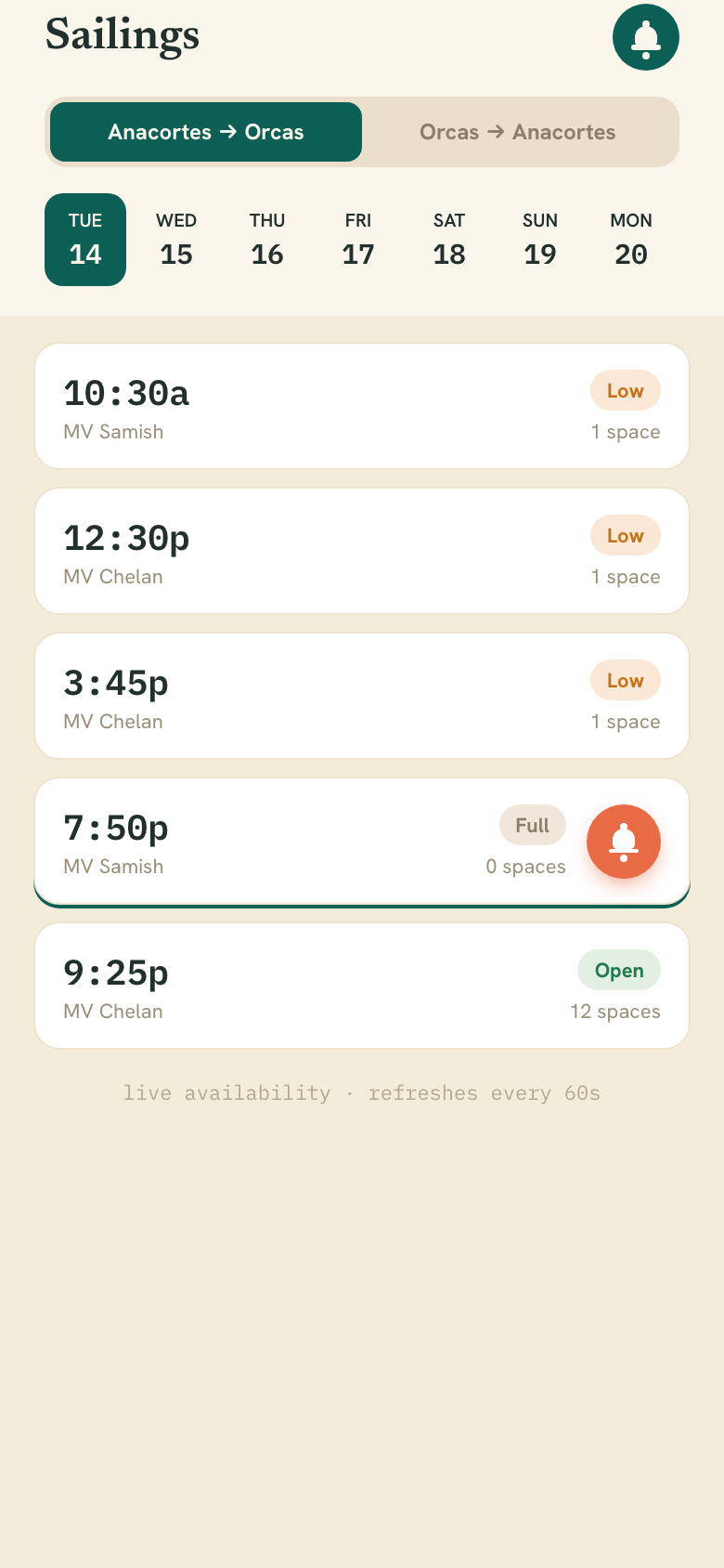 Slack Tide sailings board — live availability with a watch bell on the full sailing